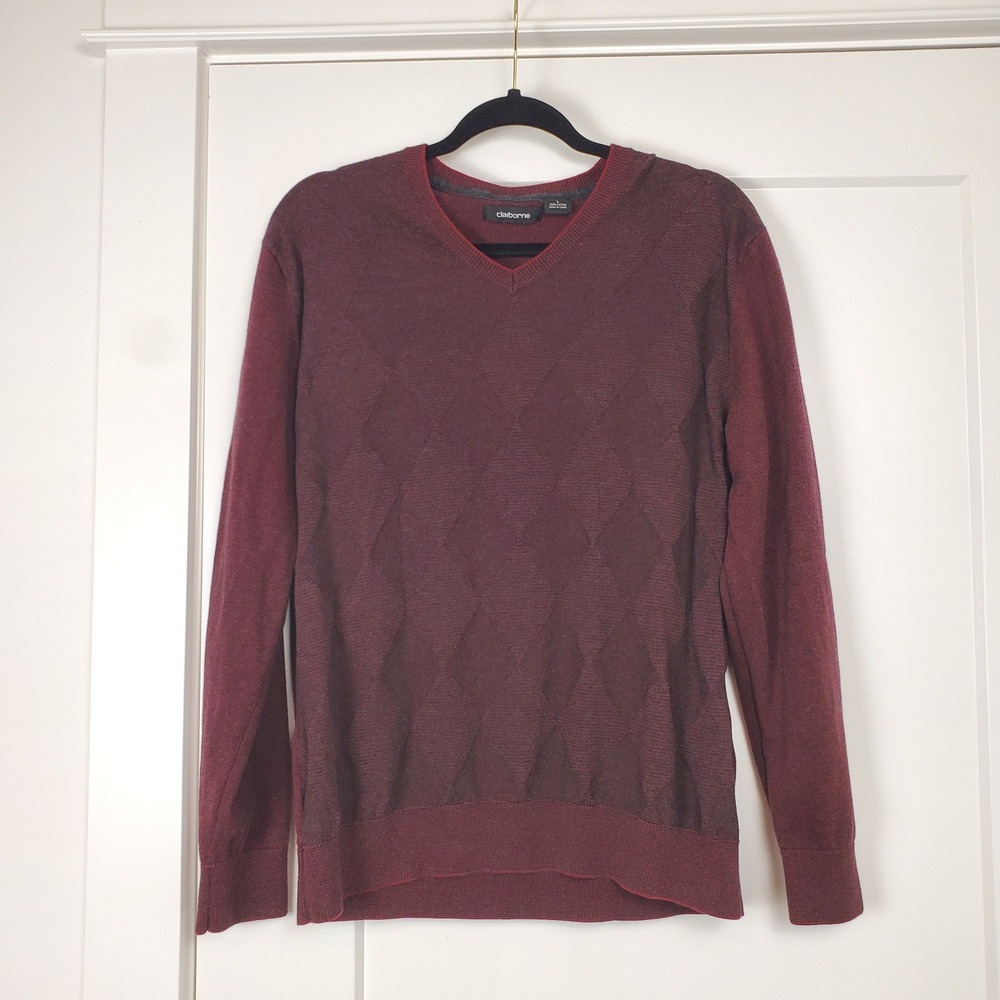Claiborne V-Neck Sweater Mens Large Burgundy Diamond Argyle 100% Cotton Pullover